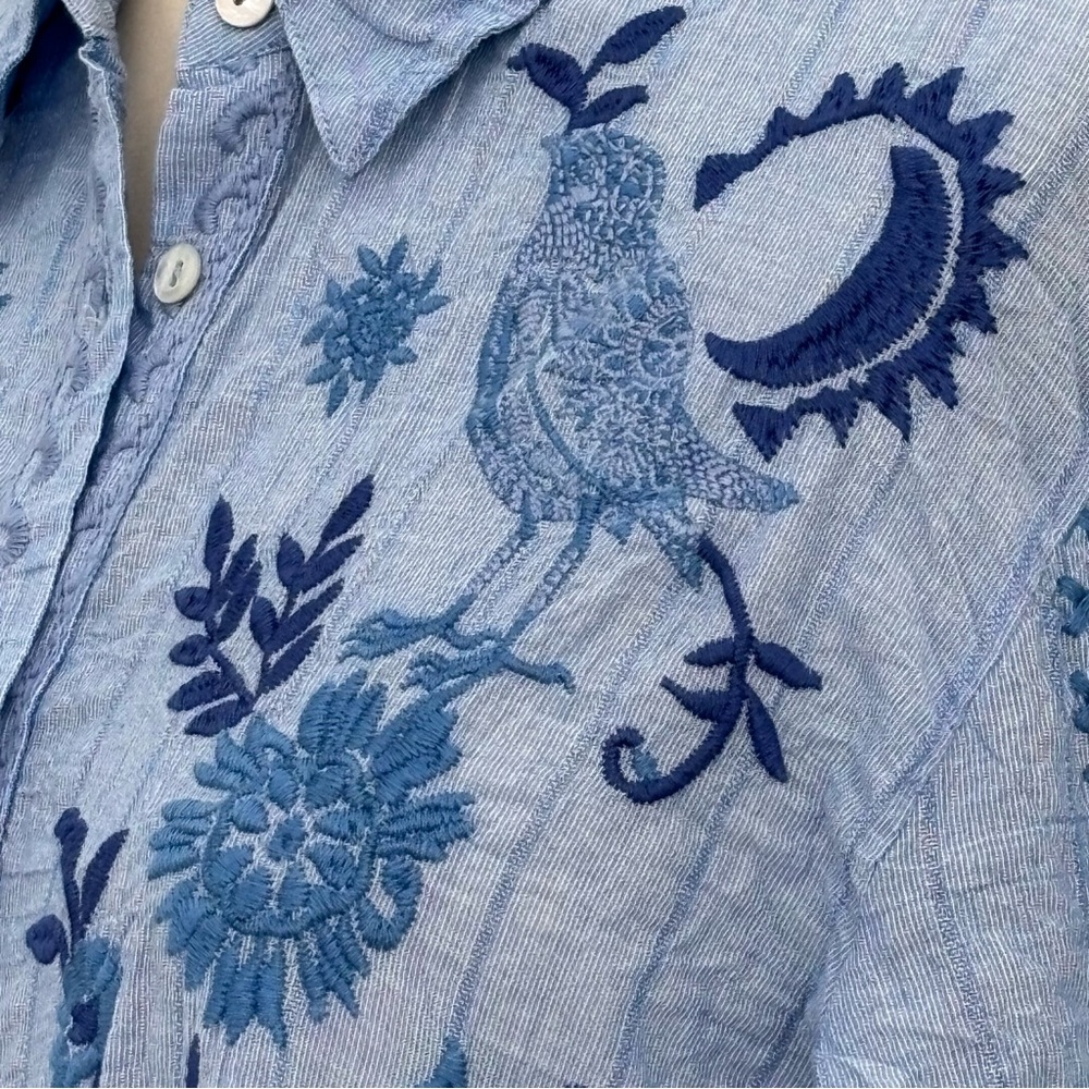 Johnny Was Workshop Tarra Tunic NWT Blue Cotton Blend Tropical Embroidery Boho M - Picture 6 of 11